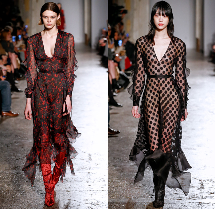 Francesco Scognamiglio 2017-2018 Fall Autumn Winter Womens Runway Catwalk Looks - Milano Moda Donna Collezione Milan Fashion Week Italy - Butterfly Wings Print Motif Symmetry Pattern Maxi Dress Goddess Gown Eveningwear Sheer Chiffon Cutout Perforated Lasercut Outerwear Jacket Skirt Frock Embellishments Decorated Bedazzled Bejeweled Metallic Studs Pants Trousers Furry Shaggy Plush Shorts Over Pants Ruffles Long Sleeve Blouse Pencil Skirt Velvet Leg O'Mutton Sleeves Polka Dots Noodle Spaghetti Strap Thigh High Boots