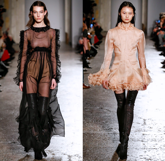 Francesco Scognamiglio 2017-2018 Fall Autumn Winter Womens Runway Catwalk Looks - Milano Moda Donna Collezione Milan Fashion Week Italy - Butterfly Wings Print Motif Symmetry Pattern Maxi Dress Goddess Gown Eveningwear Sheer Chiffon Cutout Perforated Lasercut Outerwear Jacket Skirt Frock Embellishments Decorated Bedazzled Bejeweled Metallic Studs Pants Trousers Furry Shaggy Plush Shorts Over Pants Ruffles Long Sleeve Blouse Pencil Skirt Velvet Leg O'Mutton Sleeves Polka Dots Noodle Spaghetti Strap Thigh High Boots