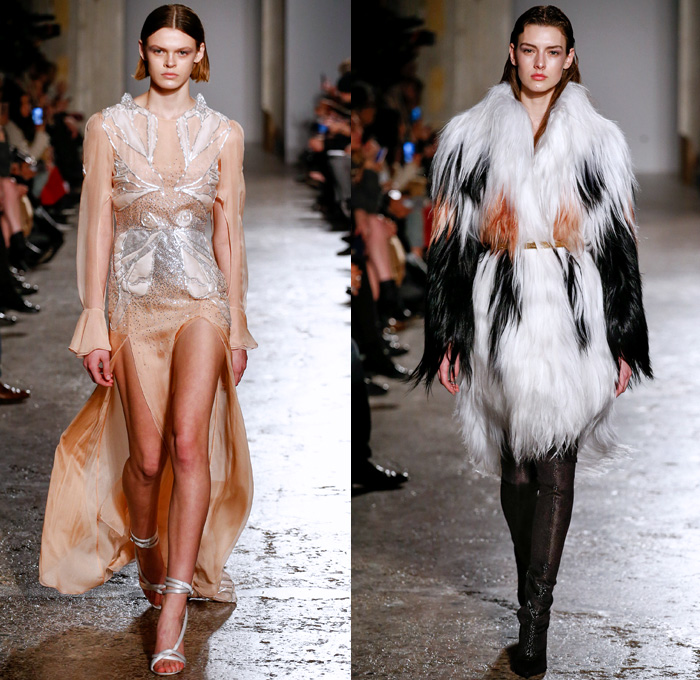 Francesco Scognamiglio 2017-2018 Fall Autumn Winter Womens Runway Catwalk Looks - Milano Moda Donna Collezione Milan Fashion Week Italy - Butterfly Wings Print Motif Symmetry Pattern Maxi Dress Goddess Gown Eveningwear Sheer Chiffon Cutout Perforated Lasercut Outerwear Jacket Skirt Frock Embellishments Decorated Bedazzled Bejeweled Metallic Studs Pants Trousers Furry Shaggy Plush Shorts Over Pants Ruffles Long Sleeve Blouse Pencil Skirt Velvet Leg O'Mutton Sleeves Polka Dots Noodle Spaghetti Strap Thigh High Boots