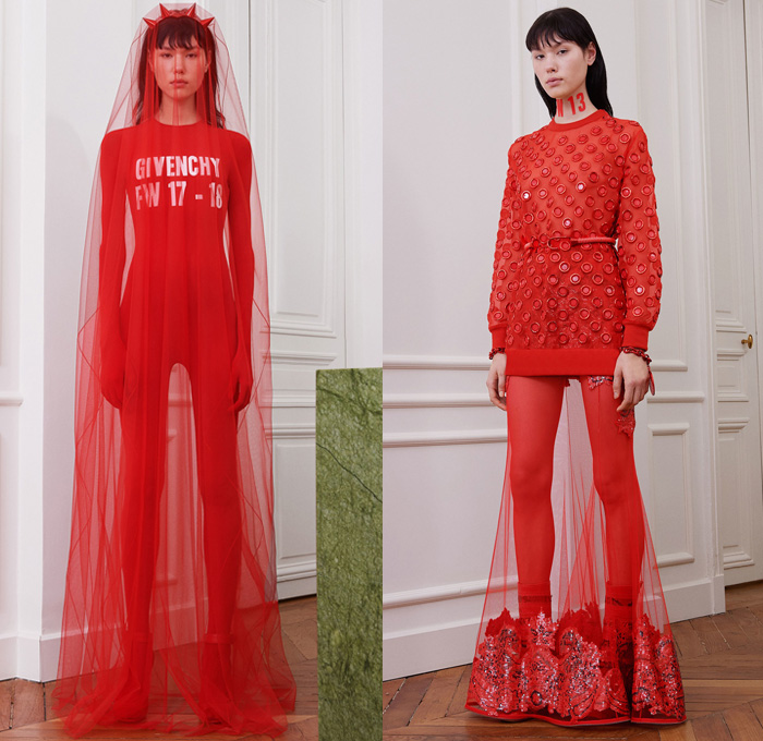 Givenchy 2017-2018 Fall Autumn Winter Womens Lookbook Presentation - Mode à Paris Fashion Week Mode Féminin France - Revisit Iconic Silhouettes Bodysuit Neoprene Sheer Chiffon Lace Embroidery Sequins Adorned Decorated Bedazzled Tulle Silk Satin Ruffles Dress Gown Eveningwear Turkey Feathers Kimono Outerwear Coat Twisted Petal Sweater Jumper Noodle Spaghetti Strap Flowers Floral Accordion Pleats Wide Leg Trousers Bomber Jacket Shearling Fur Fringes Brocade Bungee Cord Stockings Tights Industrial Bangles Galoshes Boots Welder's Sunglasses