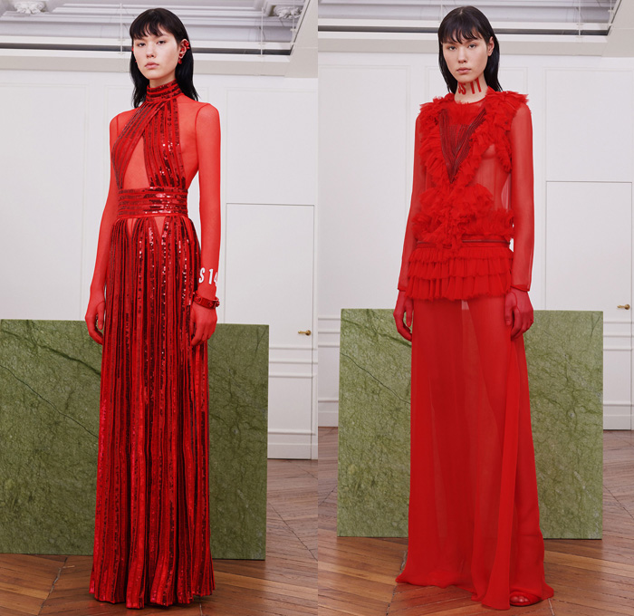 Givenchy 2017-2018 Fall Autumn Winter Womens Lookbook Presentation - Mode à Paris Fashion Week Mode Féminin France - Revisit Iconic Silhouettes Bodysuit Neoprene Sheer Chiffon Lace Embroidery Sequins Adorned Decorated Bedazzled Tulle Silk Satin Ruffles Dress Gown Eveningwear Turkey Feathers Kimono Outerwear Coat Twisted Petal Sweater Jumper Noodle Spaghetti Strap Flowers Floral Accordion Pleats Wide Leg Trousers Bomber Jacket Shearling Fur Fringes Brocade Bungee Cord Stockings Tights Industrial Bangles Galoshes Boots Welder's Sunglasses