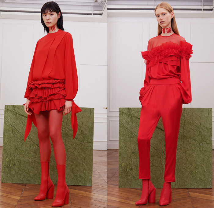 Givenchy 2017-2018 Fall Autumn Winter Womens Lookbook Presentation - Mode à Paris Fashion Week Mode Féminin France - Revisit Iconic Silhouettes Bodysuit Neoprene Sheer Chiffon Lace Embroidery Sequins Adorned Decorated Bedazzled Tulle Silk Satin Ruffles Dress Gown Eveningwear Turkey Feathers Kimono Outerwear Coat Twisted Petal Sweater Jumper Noodle Spaghetti Strap Flowers Floral Accordion Pleats Wide Leg Trousers Bomber Jacket Shearling Fur Fringes Brocade Bungee Cord Stockings Tights Industrial Bangles Galoshes Boots Welder's Sunglasses