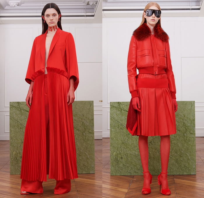 Givenchy 2017-2018 Fall Autumn Winter Womens Lookbook Presentation - Mode à Paris Fashion Week Mode Féminin France - Revisit Iconic Silhouettes Bodysuit Neoprene Sheer Chiffon Lace Embroidery Sequins Adorned Decorated Bedazzled Tulle Silk Satin Ruffles Dress Gown Eveningwear Turkey Feathers Kimono Outerwear Coat Twisted Petal Sweater Jumper Noodle Spaghetti Strap Flowers Floral Accordion Pleats Wide Leg Trousers Bomber Jacket Shearling Fur Fringes Brocade Bungee Cord Stockings Tights Industrial Bangles Galoshes Boots Welder's Sunglasses