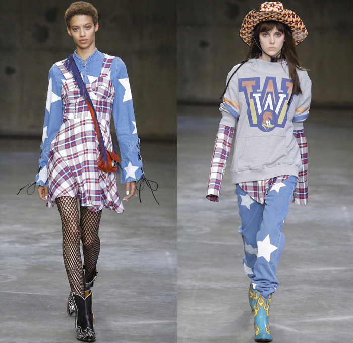 House of Holland 2017-2018 Fall Autumn Winter Womens Runway Catwalk Looks - London Fashion Week Collections UK United Kingdom - Woody Woodpecker Pop Art Cartoon Character Retro 1960s Sixties Mod Western Cowgirl Lace Up Stars Shaggy Plush Fur Outerwear Coat Plaid Racing Check Onesie Jumpsuit Coveralls Stripes Pinafore Dress Tie Up Silk Satin Flapper Fringes Miniskirt Kimono Wrap Lace Needlework Mesh Bomber Jacket Ruffled Collar One Shoulder Ribbon Bow Gown Eveningwear Tiered Noodle Strap Polka Dots Camouflage Velvet Denim Jeans Patchwork Crossbody Mini Bag Flames Boots Fishnet Stockings Cowboy Hat Sunglasses Snakeskin