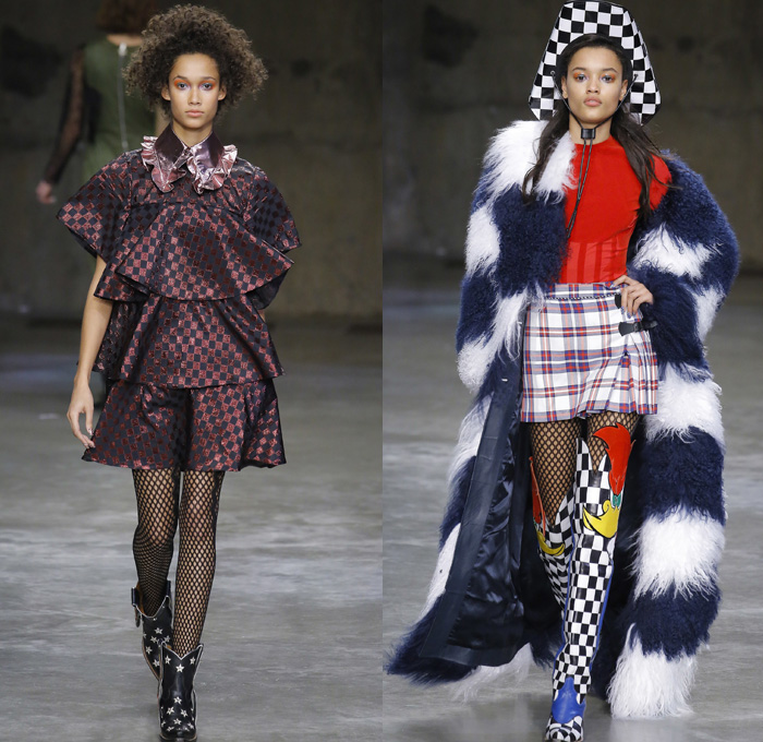 House of Holland 2017-2018 Fall Autumn Winter Womens Runway Catwalk Looks - London Fashion Week Collections UK United Kingdom - Woody Woodpecker Pop Art Cartoon Character Retro 1960s Sixties Mod Western Cowgirl Lace Up Stars Shaggy Plush Fur Outerwear Coat Plaid Racing Check Onesie Jumpsuit Coveralls Stripes Pinafore Dress Tie Up Silk Satin Flapper Fringes Miniskirt Kimono Wrap Lace Needlework Mesh Bomber Jacket Ruffled Collar One Shoulder Ribbon Bow Gown Eveningwear Tiered Noodle Strap Polka Dots Camouflage Velvet Denim Jeans Patchwork Crossbody Mini Bag Flames Boots Fishnet Stockings Cowboy Hat Sunglasses Snakeskin