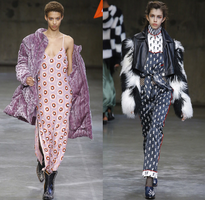 House of Holland 2017-2018 Fall Autumn Winter Womens Runway Catwalk Looks - London Fashion Week Collections UK United Kingdom - Woody Woodpecker Pop Art Cartoon Character Retro 1960s Sixties Mod Western Cowgirl Lace Up Stars Shaggy Plush Fur Outerwear Coat Plaid Racing Check Onesie Jumpsuit Coveralls Stripes Pinafore Dress Tie Up Silk Satin Flapper Fringes Miniskirt Kimono Wrap Lace Needlework Mesh Bomber Jacket Ruffled Collar One Shoulder Ribbon Bow Gown Eveningwear Tiered Noodle Strap Polka Dots Camouflage Velvet Denim Jeans Patchwork Crossbody Mini Bag Flames Boots Fishnet Stockings Cowboy Hat Sunglasses Snakeskin