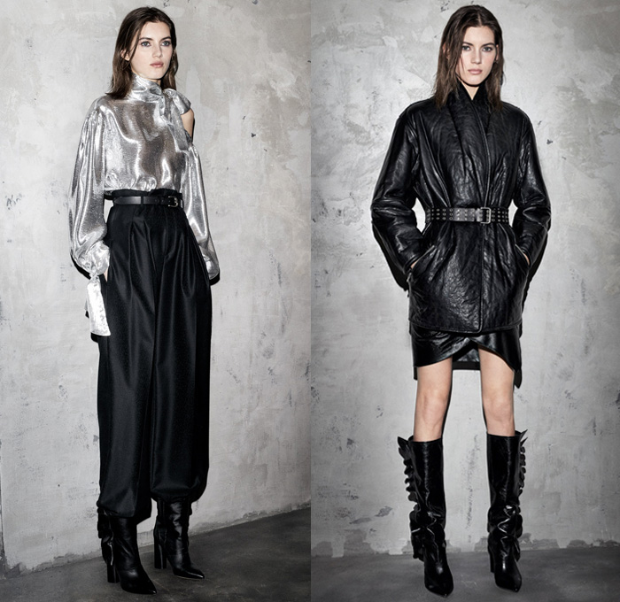 IRO Paris 2017-2018 Fall Autumn Winter Womens Lookbook Presentation - New York Fashion - Oversized Chunky Knit Sweater Jumper Outerwear Coat Ruffles Metallic Silver Leather Shaggy Plush Fur Tie Up Ribbon Bow Decorative Art Lace Embroidery Needlework Sleeveless Lattice Long Sleeve Dress Silk Satin Sheen One Shoulder Paper Bag Waist Harem Pants Peasant Dress Sash Waist Flowers Floral Print Cutout Shoulders Denim Skinny Jeans Frayed Raw Hem Tuxedo Stripe Trucker Jacket Miniskirt Below The Knee Boots Suede Wide Belt Studded