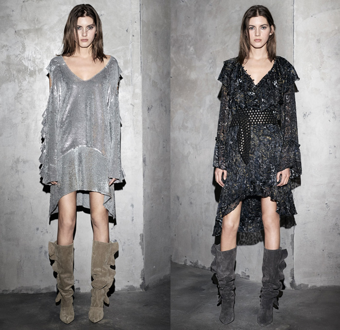 IRO Paris 2017-2018 Fall Autumn Winter Womens Lookbook Presentation - New York Fashion - Oversized Chunky Knit Sweater Jumper Outerwear Coat Ruffles Metallic Silver Leather Shaggy Plush Fur Tie Up Ribbon Bow Decorative Art Lace Embroidery Needlework Sleeveless Lattice Long Sleeve Dress Silk Satin Sheen One Shoulder Paper Bag Waist Harem Pants Peasant Dress Sash Waist Flowers Floral Print Cutout Shoulders Denim Skinny Jeans Frayed Raw Hem Tuxedo Stripe Trucker Jacket Miniskirt Below The Knee Boots Suede Wide Belt Studded