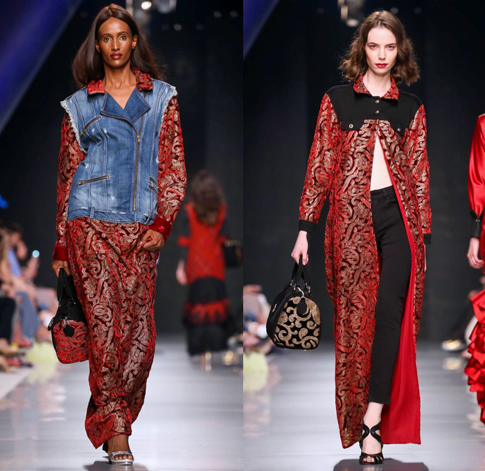 Jeans Couture 2017-2018 Fall Winter Womens Runway Catwalk Looks - Arab Fashion Week AFW Dubai United Arab Emirates UAE Middle East - Denim Jeans Panels Jumpsuit Coveralls Bib Brace Dungarees Combishorts Romper Zippers Vest Waistcoat Combo Hybrid Cropped Pants Outerwear Trucker Jacket Gold Metallic Blouse Long Sleeve Shirt Silk Satin Ruffles Shirtdress Fringes Bell Sleeves Polka Dots Flowers Floral Roses Leaves Foliage Botanical Motif Embroidery Decorated Bedazzled Sheer Chiffon Organza Tulle Dress Skirt Frock Wide Leg Flare Wrap Kimono Dovetail Mullet Hem High-Low Waterfall Skirt Ribbon Bow Lace Embroidery Handbag Headwear