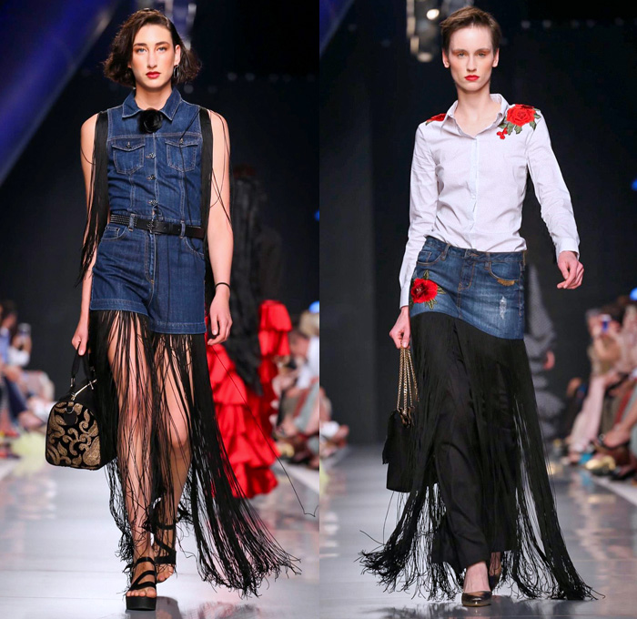 Jeans Couture 2017-2018 Fall Winter Womens Runway Catwalk Looks - Arab Fashion Week AFW Dubai United Arab Emirates UAE Middle East - Denim Jeans Panels Jumpsuit Coveralls Bib Brace Dungarees Combishorts Romper Zippers Vest Waistcoat Combo Hybrid Cropped Pants Outerwear Trucker Jacket Gold Metallic Blouse Long Sleeve Shirt Silk Satin Ruffles Shirtdress Fringes Bell Sleeves Polka Dots Flowers Floral Roses Leaves Foliage Botanical Motif Embroidery Decorated Bedazzled Sheer Chiffon Organza Tulle Dress Skirt Frock Wide Leg Flare Wrap Kimono Dovetail Mullet Hem High-Low Waterfall Skirt Ribbon Bow Lace Embroidery Handbag Headwear