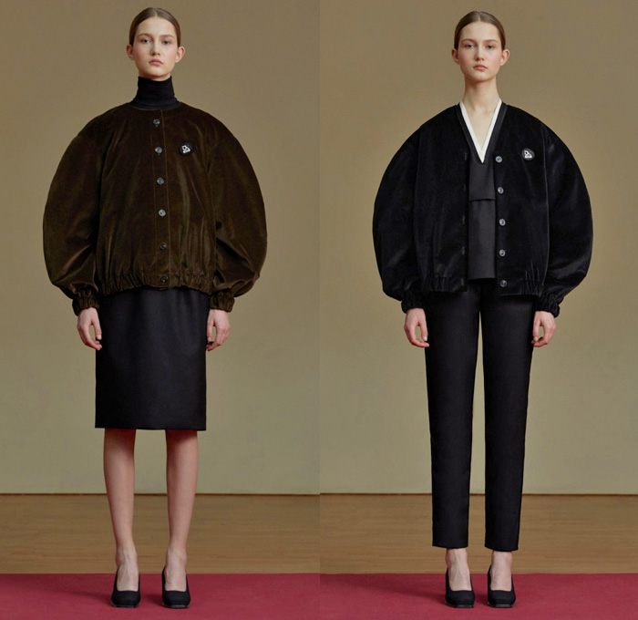 Jenia Kim 2017-2018 Fall Autumn Winter Womens Lookbook Presentation - Fashion Week Russia Moscow - Minimalist Leg O'Mutton Sleeves Bloated Circular Sleeves Velvet Turtleneck Outerwear Coatdress Jacket V-neck Sweater Jumper Long Sleeve Blouse Shirtdress Extra Panel Strip Boxy Square Trapezoidal Hollow Crop Top Midriff Curved Slit Hem Drapery Skirt Frock Flare Bell Bottom Elongated Pleats Flowers Floral Decoration