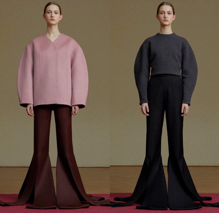 Jenia Kim 2017-2018 Fall Autumn Winter Womens Lookbook Presentation - Fashion Week Russia Moscow - Minimalist Leg O'Mutton Sleeves Bloated Circular Sleeves Velvet Turtleneck Outerwear Coatdress Jacket V-neck Sweater Jumper Long Sleeve Blouse Shirtdress Extra Panel Strip Boxy Square Trapezoidal Hollow Crop Top Midriff Curved Slit Hem Drapery Skirt Frock Flare Bell Bottom Elongated Pleats Flowers Floral Decoration