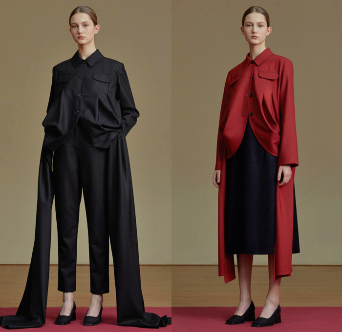 Jenia Kim 2017-2018 Fall Autumn Winter Womens Lookbook Presentation - Fashion Week Russia Moscow - Minimalist Leg O'Mutton Sleeves Bloated Circular Sleeves Velvet Turtleneck Outerwear Coatdress Jacket V-neck Sweater Jumper Long Sleeve Blouse Shirtdress Extra Panel Strip Boxy Square Trapezoidal Hollow Crop Top Midriff Curved Slit Hem Drapery Skirt Frock Flare Bell Bottom Elongated Pleats Flowers Floral Decoration