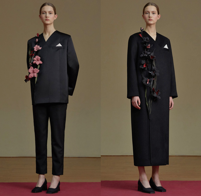 Jenia Kim 2017-2018 Fall Autumn Winter Womens Lookbook Presentation - Fashion Week Russia Moscow - Minimalist Leg O'Mutton Sleeves Bloated Circular Sleeves Velvet Turtleneck Outerwear Coatdress Jacket V-neck Sweater Jumper Long Sleeve Blouse Shirtdress Extra Panel Strip Boxy Square Trapezoidal Hollow Crop Top Midriff Curved Slit Hem Drapery Skirt Frock Flare Bell Bottom Elongated Pleats Flowers Floral Decoration