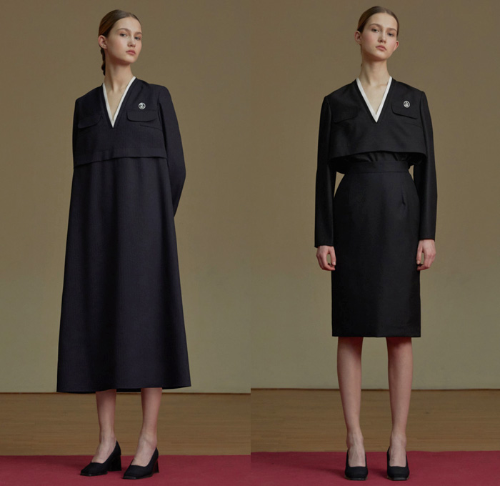 Jenia Kim 2017-2018 Fall Autumn Winter Womens Lookbook Presentation - Fashion Week Russia Moscow - Minimalist Leg O'Mutton Sleeves Bloated Circular Sleeves Velvet Turtleneck Outerwear Coatdress Jacket V-neck Sweater Jumper Long Sleeve Blouse Shirtdress Extra Panel Strip Boxy Square Trapezoidal Hollow Crop Top Midriff Curved Slit Hem Drapery Skirt Frock Flare Bell Bottom Elongated Pleats Flowers Floral Decoration