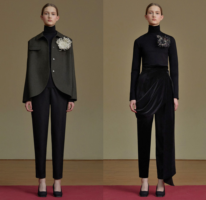 Jenia Kim 2017-2018 Fall Autumn Winter Womens Lookbook Presentation - Fashion Week Russia Moscow - Minimalist Leg O'Mutton Sleeves Bloated Circular Sleeves Velvet Turtleneck Outerwear Coatdress Jacket V-neck Sweater Jumper Long Sleeve Blouse Shirtdress Extra Panel Strip Boxy Square Trapezoidal Hollow Crop Top Midriff Curved Slit Hem Drapery Skirt Frock Flare Bell Bottom Elongated Pleats Flowers Floral Decoration