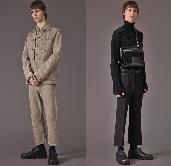 Jil Sander 2017-2018 Fall Autumn Winter Mens Lookbook Presentation - New York Fashion Week Mens NYFW - Independent People 1940s Halldór Laxness Arctic Bulletproof Armor Oversized Outerwear Trench Coat Overcoat Plush Fur Shearling Sheepskin Hooded Parka Chunky Knit Turtleneck Sweater Jumper Pullover Ribbed Cropped Pants Vest Waistcoat Sleeveless Gilet Construction Jacket Peacoat Leather Buttons Handbag Fanny Pack Waist Pouch Belt Bag Tote Gloves