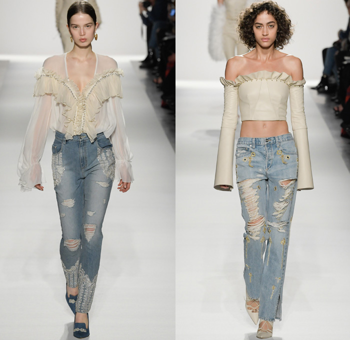 Jonathan Simkhai 2017-2018 Fall Winter Womens Runway Catwalk Looks - New York Fashion Week NYFW - Old World Spain Aristocracy Denim Jeans Bustier Destroyed Destructed Ripped Holes Trucker Jacket Lace Up Cross Stitch Cargo Pockets Ornamental Decorative Art Embroidery Embellishments Decorated Bedazzled Sequins Grommets Lace Mesh Needlework Knitwear Sheer Chiffon Tulle Tiered Skirt Frock Blouse Ruffles Strapless Crop Top Midriff Fox Fur Stole Shawl Plush Outerwear Coat Silk Satin Maxi Dress Gown Eveningwear Noodle Spaghetti Strap Halterneck Above The Knee Wrapped Boots Choker