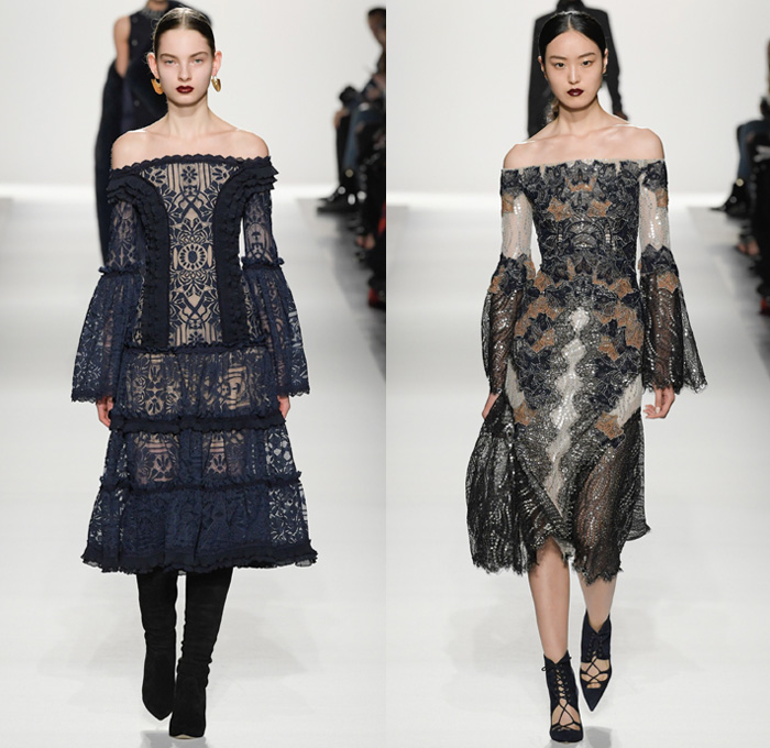Jonathan Simkhai 2017-2018 Fall Winter Womens Runway Catwalk Looks - New York Fashion Week NYFW - Old World Spain Aristocracy Denim Jeans Bustier Destroyed Destructed Ripped Holes Trucker Jacket Lace Up Cross Stitch Cargo Pockets Ornamental Decorative Art Embroidery Embellishments Decorated Bedazzled Sequins Grommets Lace Mesh Needlework Knitwear Sheer Chiffon Tulle Tiered Skirt Frock Blouse Ruffles Strapless Crop Top Midriff Fox Fur Stole Shawl Plush Outerwear Coat Silk Satin Maxi Dress Gown Eveningwear Noodle Spaghetti Strap Halterneck Above The Knee Wrapped Boots Choker