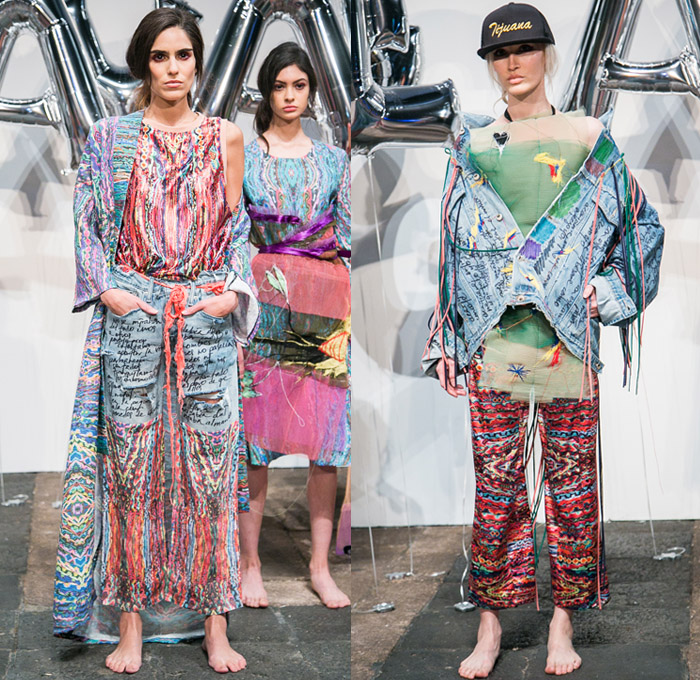 Jorge Ayala 2017-2018 Fall Winter Womens Runway Catwalk Looks - Mercedes-Benz Fashion Week Mexico City Moda Otoño Invierno 2017 MBFWMX - Denim Jeans Hybrid Multi-Panel Scribbles Written Destroyed Frayed Raw Hem Threads Cobweb Flare Bell Bottom Acid Wash Outerwear Trucker Jacket Sheer Chiffon Tulle Ornaments Decorative Art Foulard Print Strapless Blouse Accordion Pleats Embroidery Stitch Silk Satin Kimono Robe Tribal Ethnic Folk Fringes Beads Geometric Lines Paisley Paint Drippings Wide Leg Trousers Palazzo Pants Fauna Leaves Foliage Dress Skirt Frock Big Buckle Belt Hood Street Cap