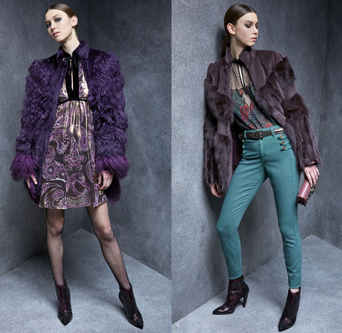 Just Cavalli 2017-2018 Fall Autumn Winter Womens Lookbook Presentation - Milano Moda Donna Collezione Milan Fashion Italy - Gothic Paisley Roses Florals Flowers Ornaments Decorative Art Military Outerwear Coat Zebra Stripes Polka Dots Plush Fur Shearling Bomber Motorcycle Biker Rider Leather Jacket Metallic Studs Adorned Decorated Bedazzled Geometric Velvet Tweed Windowpane Check Plaid Sheer Chiffon Silk Tulle Lace Embroidery Ruffles Fringes Tiered Hanging Sleeve Blouse Babydoll Maxi Dress Gown Eveningwear Asymmetrical Hem Stockings Tights Fishnet Hosiery Culottes Purse Clutch Handbag Wide Belt Snake Boots Denim Pants Colored Skinny Jeans