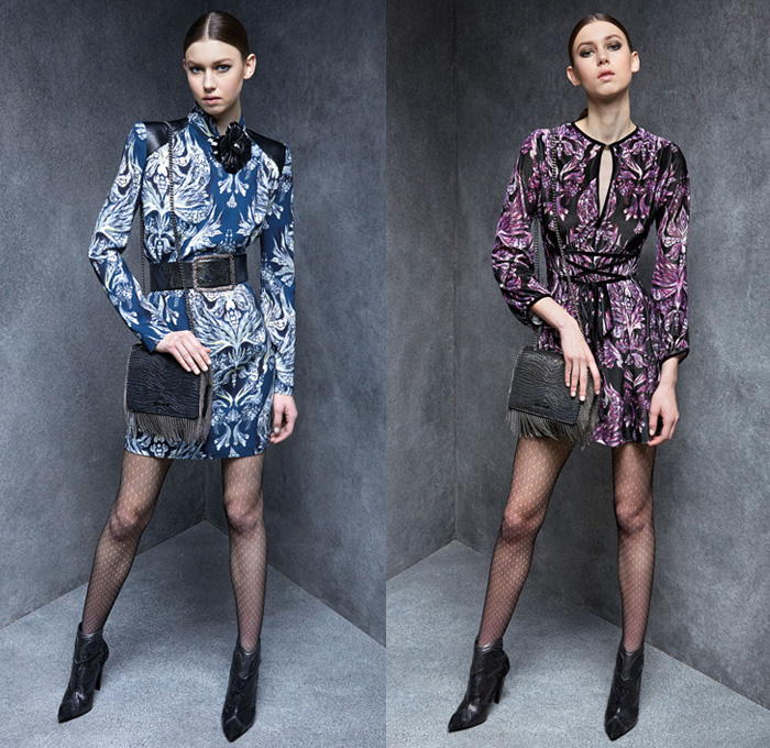 Just Cavalli 2017-2018 Fall Autumn Winter Womens Lookbook Presentation - Milano Moda Donna Collezione Milan Fashion Italy - Gothic Paisley Roses Florals Flowers Ornaments Decorative Art Military Outerwear Coat Zebra Stripes Polka Dots Plush Fur Shearling Bomber Motorcycle Biker Rider Leather Jacket Metallic Studs Adorned Decorated Bedazzled Geometric Velvet Tweed Windowpane Check Plaid Sheer Chiffon Silk Tulle Lace Embroidery Ruffles Fringes Tiered Hanging Sleeve Blouse Babydoll Maxi Dress Gown Eveningwear Asymmetrical Hem Stockings Tights Fishnet Hosiery Culottes Purse Clutch Handbag Wide Belt Snake Boots Denim Pants Colored Skinny Jeans