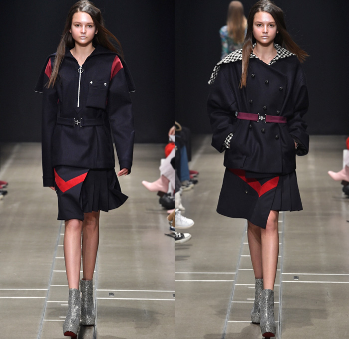 Keisuke Yoshida 2017-2018 Fall Winter Womens Runway Catwalk Looks - Amazon Fashion Week Tokyo Japan AmazonFWT - Sporty Velvet Track Jacket Military Navy Marine Sailor Collar Capelet Belted Waist Zipper Accordion Pleats Outerwear Coat Peacoat Pinafore Dress Long Sleeve Blouse Sweater Jumper Turtleneck Cutout Perforated Houndstooth Plaid Tartan Check Vest Waistcoat Headband Flare Bell Bottom Paper Bag Waist Snap Buttons Tearaway Pants Metallic Disco Chelsea Boots Cargo Pockets Arm Warmers