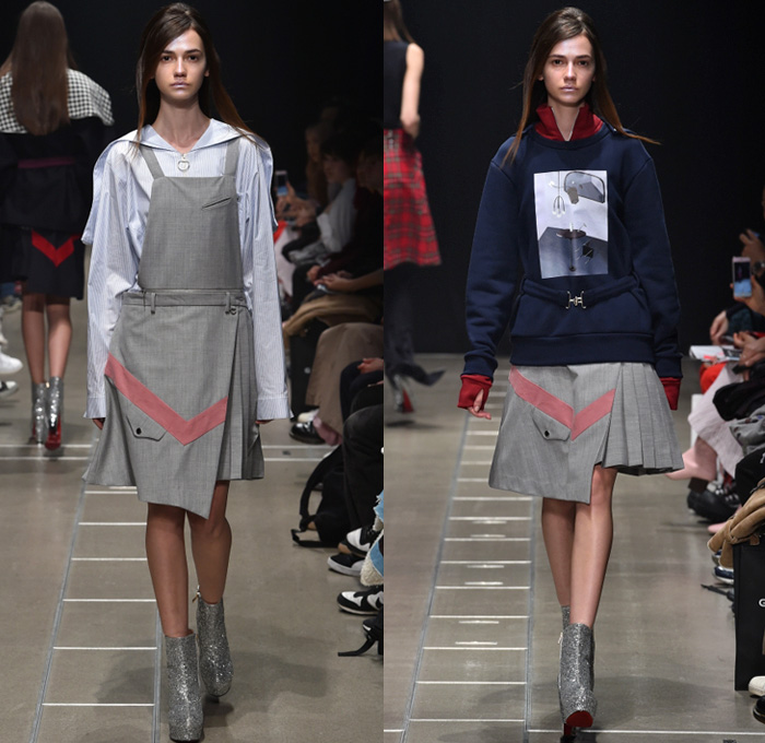 Keisuke Yoshida 2017-2018 Fall Winter Womens Runway Catwalk Looks - Amazon Fashion Week Tokyo Japan AmazonFWT - Sporty Velvet Track Jacket Military Navy Marine Sailor Collar Capelet Belted Waist Zipper Accordion Pleats Outerwear Coat Peacoat Pinafore Dress Long Sleeve Blouse Sweater Jumper Turtleneck Cutout Perforated Houndstooth Plaid Tartan Check Vest Waistcoat Headband Flare Bell Bottom Paper Bag Waist Snap Buttons Tearaway Pants Metallic Disco Chelsea Boots Cargo Pockets Arm Warmers