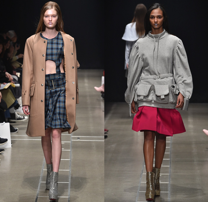 Keisuke Yoshida 2017-2018 Fall Winter Womens Runway Catwalk Looks - Amazon Fashion Week Tokyo Japan AmazonFWT - Sporty Velvet Track Jacket Military Navy Marine Sailor Collar Capelet Belted Waist Zipper Accordion Pleats Outerwear Coat Peacoat Pinafore Dress Long Sleeve Blouse Sweater Jumper Turtleneck Cutout Perforated Houndstooth Plaid Tartan Check Vest Waistcoat Headband Flare Bell Bottom Paper Bag Waist Snap Buttons Tearaway Pants Metallic Disco Chelsea Boots Cargo Pockets Arm Warmers