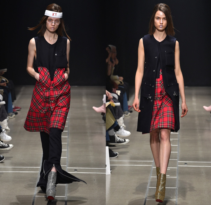 Keisuke Yoshida 2017-2018 Fall Winter Womens Runway Catwalk Looks - Amazon Fashion Week Tokyo Japan AmazonFWT - Sporty Velvet Track Jacket Military Navy Marine Sailor Collar Capelet Belted Waist Zipper Accordion Pleats Outerwear Coat Peacoat Pinafore Dress Long Sleeve Blouse Sweater Jumper Turtleneck Cutout Perforated Houndstooth Plaid Tartan Check Vest Waistcoat Headband Flare Bell Bottom Paper Bag Waist Snap Buttons Tearaway Pants Metallic Disco Chelsea Boots Cargo Pockets Arm Warmers