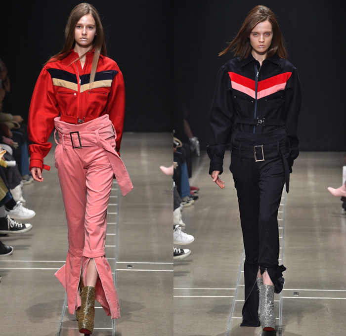 Keisuke Yoshida 2017-2018 Fall Winter Womens Runway Catwalk Looks - Amazon Fashion Week Tokyo Japan AmazonFWT - Sporty Velvet Track Jacket Military Navy Marine Sailor Collar Capelet Belted Waist Zipper Accordion Pleats Outerwear Coat Peacoat Pinafore Dress Long Sleeve Blouse Sweater Jumper Turtleneck Cutout Perforated Houndstooth Plaid Tartan Check Vest Waistcoat Headband Flare Bell Bottom Paper Bag Waist Snap Buttons Tearaway Pants Metallic Disco Chelsea Boots Cargo Pockets Arm Warmers