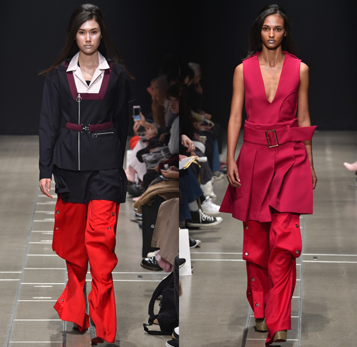 Keisuke Yoshida 2017-2018 Fall Winter Womens Runway Catwalk Looks - Amazon Fashion Week Tokyo Japan AmazonFWT - Sporty Velvet Track Jacket Military Navy Marine Sailor Collar Capelet Belted Waist Zipper Accordion Pleats Outerwear Coat Peacoat Pinafore Dress Long Sleeve Blouse Sweater Jumper Turtleneck Cutout Perforated Houndstooth Plaid Tartan Check Vest Waistcoat Headband Flare Bell Bottom Paper Bag Waist Snap Buttons Tearaway Pants Metallic Disco Chelsea Boots Cargo Pockets Arm Warmers