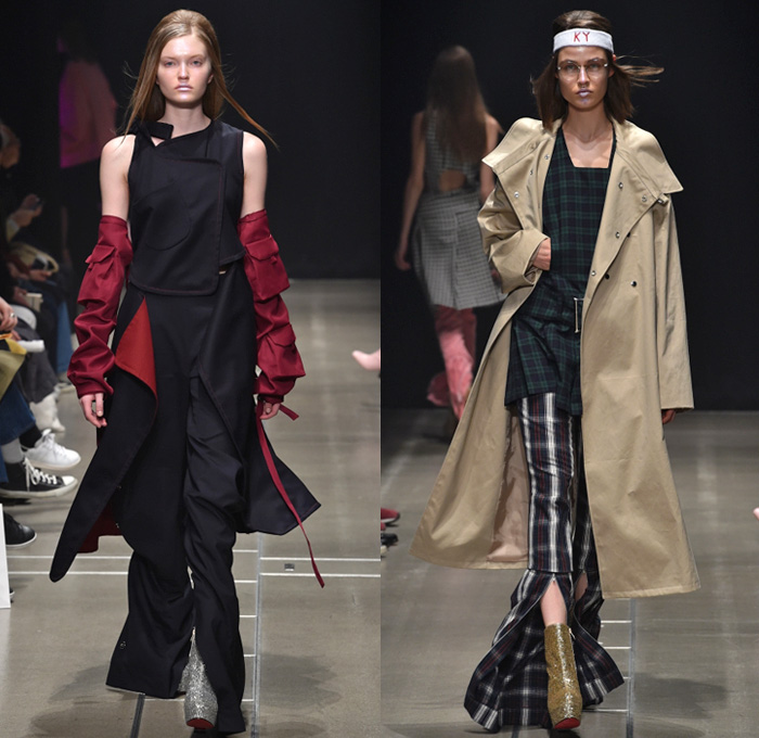 Keisuke Yoshida 2017-2018 Fall Winter Womens Runway Catwalk Looks - Amazon Fashion Week Tokyo Japan AmazonFWT - Sporty Velvet Track Jacket Military Navy Marine Sailor Collar Capelet Belted Waist Zipper Accordion Pleats Outerwear Coat Peacoat Pinafore Dress Long Sleeve Blouse Sweater Jumper Turtleneck Cutout Perforated Houndstooth Plaid Tartan Check Vest Waistcoat Headband Flare Bell Bottom Paper Bag Waist Snap Buttons Tearaway Pants Metallic Disco Chelsea Boots Cargo Pockets Arm Warmers