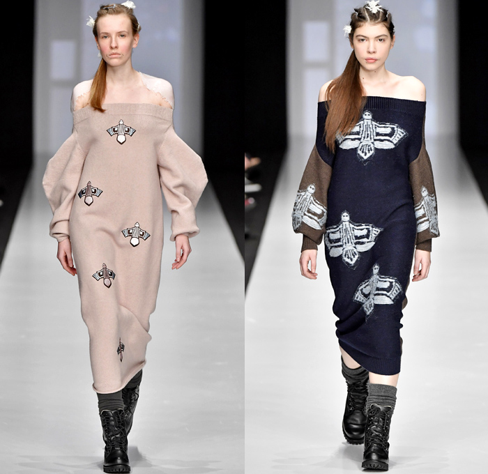 Kseniaseraya 2017-2018 Fall Winter Womens Runway Catwalk Looks - Mercedes-Benz Fashion Week MBFW Moscow Russia - Leg O'Mutton Sleeves Strapless Open Shoulders Bird Tribal Ethnic Folk Patches Embroidery Chunky Knit Sweater Jumper Ribbed Sweaterdress Mesh Fishnet Crochet Basketweave Oversized Elongated Sleeves Turtleneck Cardigan Outerwear Coat Shaggy Plush Fur V-Neck Ruffles Pencil Midi Skirt Mix Match Mash Up Blouse Long Sleeve Shirt Sheer Chiffon Tulle Maxi Dress Hooded Sweatshirt Jogger Sweatpants Fleece Boots Leggings Wide Leg Trousers Palazzo Pants