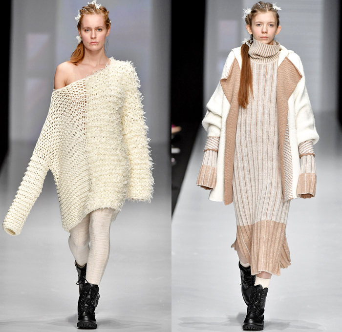 Kseniaseraya 2017-2018 Fall Winter Womens Runway Catwalk Looks - Mercedes-Benz Fashion Week MBFW Moscow Russia - Leg O'Mutton Sleeves Strapless Open Shoulders Bird Tribal Ethnic Folk Patches Embroidery Chunky Knit Sweater Jumper Ribbed Sweaterdress Mesh Fishnet Crochet Basketweave Oversized Elongated Sleeves Turtleneck Cardigan Outerwear Coat Shaggy Plush Fur V-Neck Ruffles Pencil Midi Skirt Mix Match Mash Up Blouse Long Sleeve Shirt Sheer Chiffon Tulle Maxi Dress Hooded Sweatshirt Jogger Sweatpants Fleece Boots Leggings Wide Leg Trousers Palazzo Pants