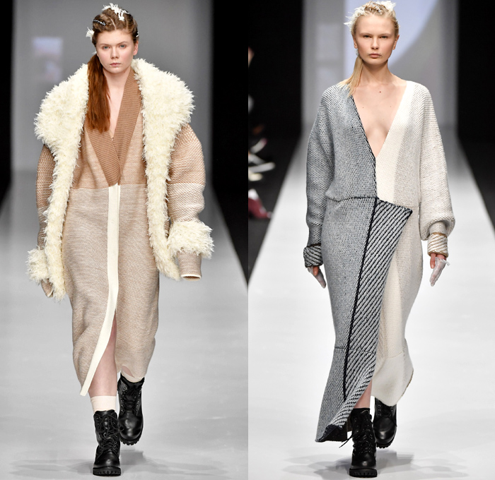 Kseniaseraya 2017-2018 Fall Winter Womens Runway Catwalk Looks - Mercedes-Benz Fashion Week MBFW Moscow Russia - Leg O'Mutton Sleeves Strapless Open Shoulders Bird Tribal Ethnic Folk Patches Embroidery Chunky Knit Sweater Jumper Ribbed Sweaterdress Mesh Fishnet Crochet Basketweave Oversized Elongated Sleeves Turtleneck Cardigan Outerwear Coat Shaggy Plush Fur V-Neck Ruffles Pencil Midi Skirt Mix Match Mash Up Blouse Long Sleeve Shirt Sheer Chiffon Tulle Maxi Dress Hooded Sweatshirt Jogger Sweatpants Fleece Boots Leggings Wide Leg Trousers Palazzo Pants