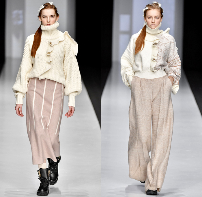 Kseniaseraya 2017-2018 Fall Winter Womens Runway Catwalk Looks - Mercedes-Benz Fashion Week MBFW Moscow Russia - Leg O'Mutton Sleeves Strapless Open Shoulders Bird Tribal Ethnic Folk Patches Embroidery Chunky Knit Sweater Jumper Ribbed Sweaterdress Mesh Fishnet Crochet Basketweave Oversized Elongated Sleeves Turtleneck Cardigan Outerwear Coat Shaggy Plush Fur V-Neck Ruffles Pencil Midi Skirt Mix Match Mash Up Blouse Long Sleeve Shirt Sheer Chiffon Tulle Maxi Dress Hooded Sweatshirt Jogger Sweatpants Fleece Boots Leggings Wide Leg Trousers Palazzo Pants