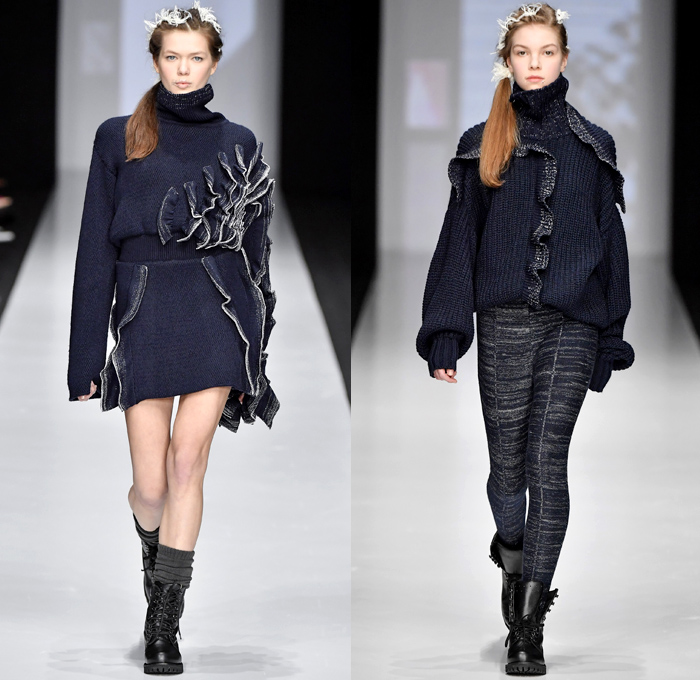 Kseniaseraya 2017-2018 Fall Winter Womens Runway Catwalk Looks - Mercedes-Benz Fashion Week MBFW Moscow Russia - Leg O'Mutton Sleeves Strapless Open Shoulders Bird Tribal Ethnic Folk Patches Embroidery Chunky Knit Sweater Jumper Ribbed Sweaterdress Mesh Fishnet Crochet Basketweave Oversized Elongated Sleeves Turtleneck Cardigan Outerwear Coat Shaggy Plush Fur V-Neck Ruffles Pencil Midi Skirt Mix Match Mash Up Blouse Long Sleeve Shirt Sheer Chiffon Tulle Maxi Dress Hooded Sweatshirt Jogger Sweatpants Fleece Boots Leggings Wide Leg Trousers Palazzo Pants