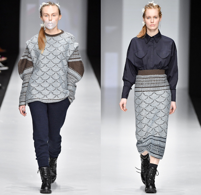 Kseniaseraya 2017-2018 Fall Winter Womens Runway Catwalk Looks - Mercedes-Benz Fashion Week MBFW Moscow Russia - Leg O'Mutton Sleeves Strapless Open Shoulders Bird Tribal Ethnic Folk Patches Embroidery Chunky Knit Sweater Jumper Ribbed Sweaterdress Mesh Fishnet Crochet Basketweave Oversized Elongated Sleeves Turtleneck Cardigan Outerwear Coat Shaggy Plush Fur V-Neck Ruffles Pencil Midi Skirt Mix Match Mash Up Blouse Long Sleeve Shirt Sheer Chiffon Tulle Maxi Dress Hooded Sweatshirt Jogger Sweatpants Fleece Boots Leggings Wide Leg Trousers Palazzo Pants