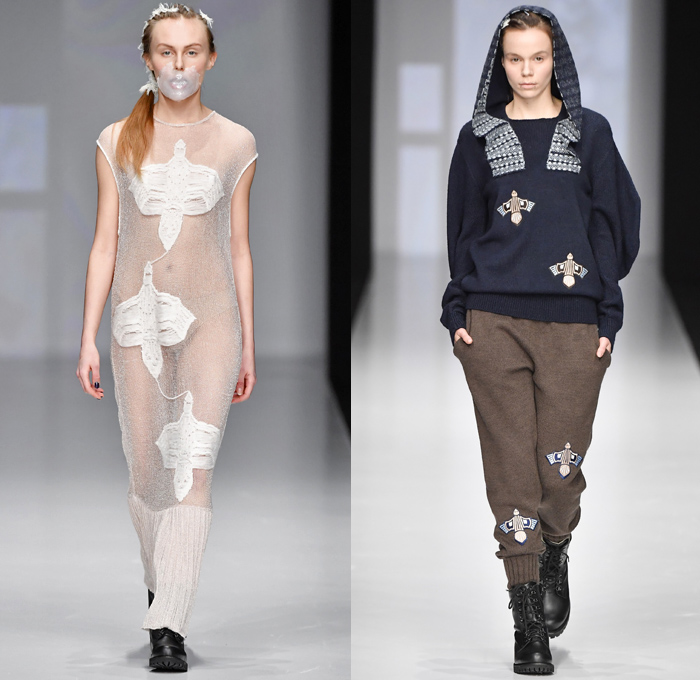 Kseniaseraya 2017-2018 Fall Winter Womens Runway Catwalk Looks - Mercedes-Benz Fashion Week MBFW Moscow Russia - Leg O'Mutton Sleeves Strapless Open Shoulders Bird Tribal Ethnic Folk Patches Embroidery Chunky Knit Sweater Jumper Ribbed Sweaterdress Mesh Fishnet Crochet Basketweave Oversized Elongated Sleeves Turtleneck Cardigan Outerwear Coat Shaggy Plush Fur V-Neck Ruffles Pencil Midi Skirt Mix Match Mash Up Blouse Long Sleeve Shirt Sheer Chiffon Tulle Maxi Dress Hooded Sweatshirt Jogger Sweatpants Fleece Boots Leggings Wide Leg Trousers Palazzo Pants