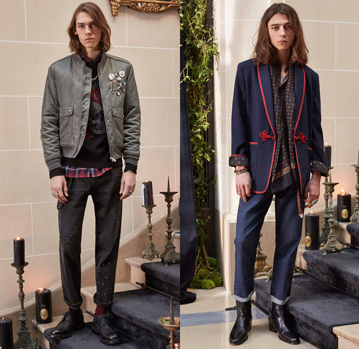 The Kooples 2017-2018 Fall Autumn Winter Mens Lookbook Presentation - Mode à Paris Fashion Week Mode Masculine France - Tapered Destroyed Denim Jeans Outerwear Military Marching Band Coat Robe Bomber Cocktail Jacket Cargo Pockets Plaid Tartan Check Rock N Roll Tuxedo Stripe Suit Embroidery Ornamental Decorative Art Turtleneck Motorcycle Biker Leather Fleece Bedazzled Metallic Studs Pins Medals Brogues Wing Tip Scarf Boots Cowboy Hat Beret Fringes Silk Velvet Wool