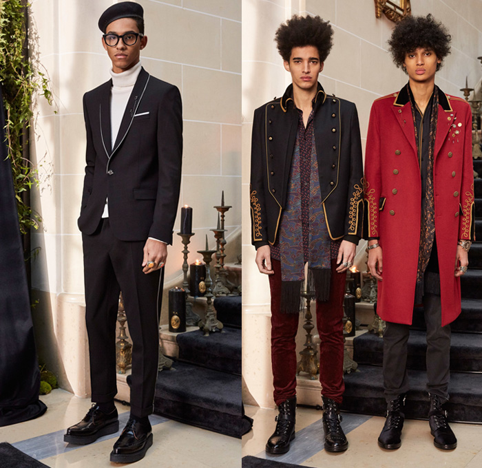 The Kooples 2017-2018 Fall Autumn Winter Mens Lookbook Presentation - Mode à Paris Fashion Week Mode Masculine France - Tapered Destroyed Denim Jeans Outerwear Military Marching Band Coat Robe Bomber Cocktail Jacket Cargo Pockets Plaid Tartan Check Rock N Roll Tuxedo Stripe Suit Embroidery Ornamental Decorative Art Turtleneck Motorcycle Biker Leather Fleece Bedazzled Metallic Studs Pins Medals Brogues Wing Tip Scarf Boots Cowboy Hat Beret Fringes Silk Velvet Wool