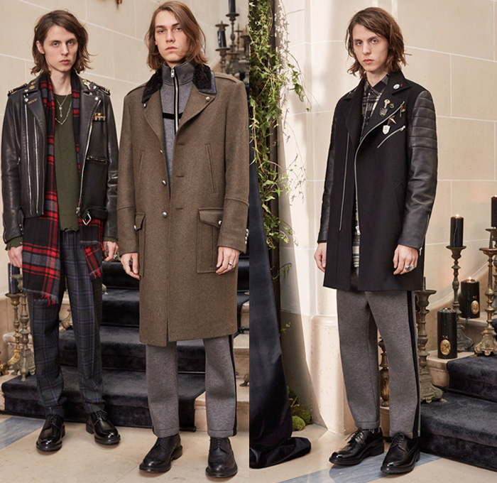 The Kooples 2017-2018 Fall Autumn Winter Mens Lookbook Presentation - Mode à Paris Fashion Week Mode Masculine France - Tapered Destroyed Denim Jeans Outerwear Military Marching Band Coat Robe Bomber Cocktail Jacket Cargo Pockets Plaid Tartan Check Rock N Roll Tuxedo Stripe Suit Embroidery Ornamental Decorative Art Turtleneck Motorcycle Biker Leather Fleece Bedazzled Metallic Studs Pins Medals Brogues Wing Tip Scarf Boots Cowboy Hat Beret Fringes Silk Velvet Wool