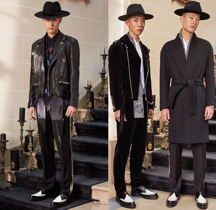 The Kooples 2017-2018 Fall Autumn Winter Mens Lookbook Presentation - Mode à Paris Fashion Week Mode Masculine France - Tapered Destroyed Denim Jeans Outerwear Military Marching Band Coat Robe Bomber Cocktail Jacket Cargo Pockets Plaid Tartan Check Rock N Roll Tuxedo Stripe Suit Embroidery Ornamental Decorative Art Turtleneck Motorcycle Biker Leather Fleece Bedazzled Metallic Studs Pins Medals Brogues Wing Tip Scarf Boots Cowboy Hat Beret Fringes Silk Velvet Wool