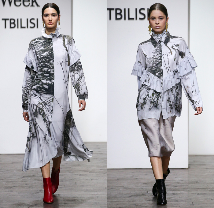 Lako Bukia 2017-2018 Fall Winter Womens Runway Catwalk Looks - Mercedes-Benz Fashion Week Tbilisi Georgia MBFW - Outerwear Coat Parka Quilted Waffle Puffer Sheer Chiffon Organza Tulle Ruffles Frills Photo Abstract Print Landscape City Trees Branches Shirtdress One Shoulder Harlequin Diamonds Checkerboard Knit Crochet Weave Sweaterdress Robe Sleeveless Vest Blouse Skirt Frock Turtleneck Lace Embroidery Dress Bell Sleeves Skirt Frock Culottes Silk Satin Chelsea Boots