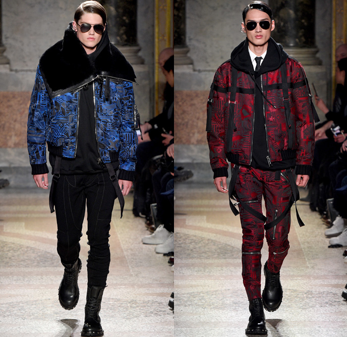 Les Hommes 2017-2018 Fall Autumn Winter Mens Runway Catwalk Looks - Milano Moda Uomo Collezione Milan Fashion Week Italy Camera Nazionale della Moda Italiana - Detachable Shearling Collar Furry Plush Gloves Gauntlet Aviator Punk Military Flight Pilot Glam Goth Harness Belts Straps Suit Blazer Jacket Pants Trousers Arrows Geometric Shapes Sheen Satin Silk Long Sleeve Shirt Skinny Neck Tie Bib Corset Vest Motorcycle Biker Rider Leather Oversized Outerwear Coat Parka Hood Sweatshirt Black Ensemble Zippers Cargo Pockets Onesie Jumpsuit Coveralls Boiler Suit Boots Leather Metallic Studs Sunglasses Shades