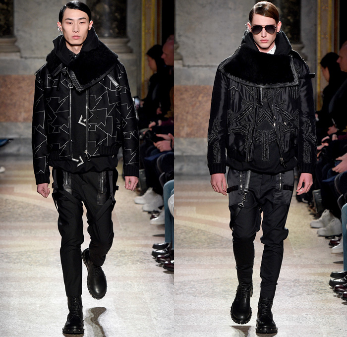 Les Hommes 2017-2018 Fall Autumn Winter Mens Runway Catwalk Looks - Milano Moda Uomo Collezione Milan Fashion Week Italy Camera Nazionale della Moda Italiana - Detachable Shearling Collar Furry Plush Gloves Gauntlet Aviator Punk Military Flight Pilot Glam Goth Harness Belts Straps Suit Blazer Jacket Pants Trousers Arrows Geometric Shapes Sheen Satin Silk Long Sleeve Shirt Skinny Neck Tie Bib Corset Vest Motorcycle Biker Rider Leather Oversized Outerwear Coat Parka Hood Sweatshirt Black Ensemble Zippers Cargo Pockets Onesie Jumpsuit Coveralls Boiler Suit Boots Leather Metallic Studs Sunglasses Shades