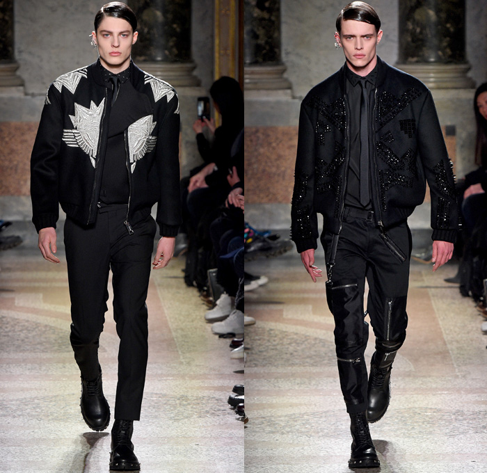 Les Hommes 2017-2018 Fall Autumn Winter Mens Runway Catwalk Looks - Milano Moda Uomo Collezione Milan Fashion Week Italy Camera Nazionale della Moda Italiana - Detachable Shearling Collar Furry Plush Gloves Gauntlet Aviator Punk Military Flight Pilot Glam Goth Harness Belts Straps Suit Blazer Jacket Pants Trousers Arrows Geometric Shapes Sheen Satin Silk Long Sleeve Shirt Skinny Neck Tie Bib Corset Vest Motorcycle Biker Rider Leather Oversized Outerwear Coat Parka Hood Sweatshirt Black Ensemble Zippers Cargo Pockets Onesie Jumpsuit Coveralls Boiler Suit Boots Leather Metallic Studs Sunglasses Shades