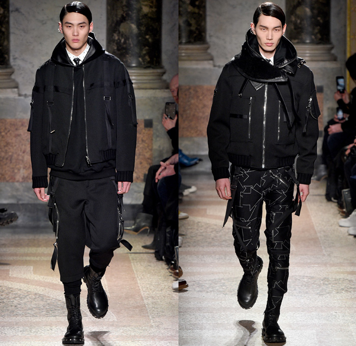 Les Hommes 2017-2018 Fall Autumn Winter Mens Runway Catwalk Looks - Milano Moda Uomo Collezione Milan Fashion Week Italy Camera Nazionale della Moda Italiana - Detachable Shearling Collar Furry Plush Gloves Gauntlet Aviator Punk Military Flight Pilot Glam Goth Harness Belts Straps Suit Blazer Jacket Pants Trousers Arrows Geometric Shapes Sheen Satin Silk Long Sleeve Shirt Skinny Neck Tie Bib Corset Vest Motorcycle Biker Rider Leather Oversized Outerwear Coat Parka Hood Sweatshirt Black Ensemble Zippers Cargo Pockets Onesie Jumpsuit Coveralls Boiler Suit Boots Leather Metallic Studs Sunglasses Shades