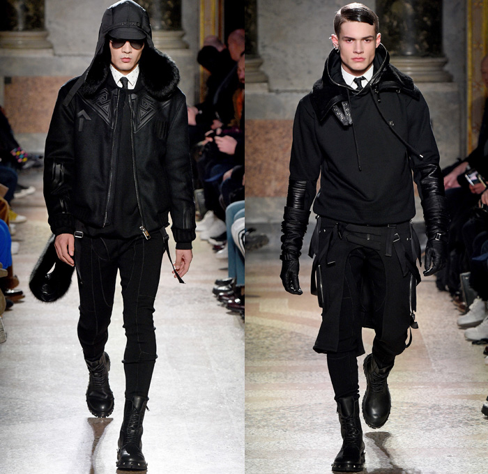 Les Hommes 2017-2018 Fall Autumn Winter Mens Runway Catwalk Looks - Milano Moda Uomo Collezione Milan Fashion Week Italy Camera Nazionale della Moda Italiana - Detachable Shearling Collar Furry Plush Gloves Gauntlet Aviator Punk Military Flight Pilot Glam Goth Harness Belts Straps Suit Blazer Jacket Pants Trousers Arrows Geometric Shapes Sheen Satin Silk Long Sleeve Shirt Skinny Neck Tie Bib Corset Vest Motorcycle Biker Rider Leather Oversized Outerwear Coat Parka Hood Sweatshirt Black Ensemble Zippers Cargo Pockets Onesie Jumpsuit Coveralls Boiler Suit Boots Leather Metallic Studs Sunglasses Shades